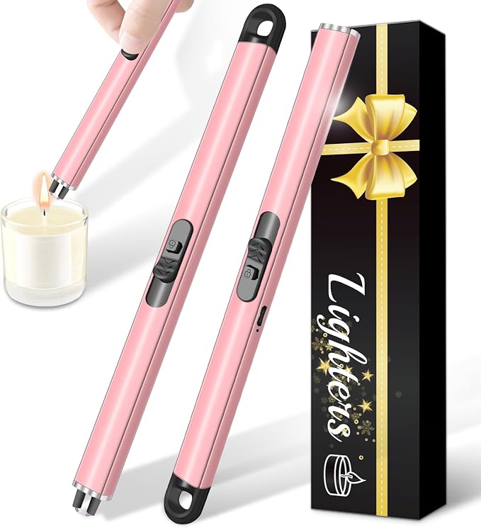 2 Pack Electric Candle Lighters, USB Rechargeable Lighter with Windproof Flameless & Extended Handle, Suitable for Candles, BBQ, Camping, Gas Stove, Festivals Gift (Pink, 2 Packs-B)