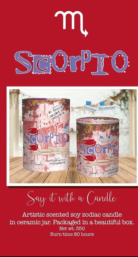 Scorpio Soy Candle (Scented Soy Candle in Ceramic Jar 12.3 oz, Zodiac Themed, Clean Burning and Soothing Jasmine Scent to Promote Relaxation and Positivity, 80 Hour Burn time, Reusable jar)