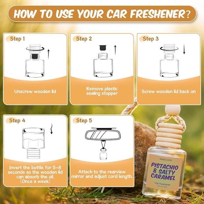 Premium Car Air Freshener Diffuser Set (2 Pack) - Pistachio & Salty Caramel Fragrance Oil, 45+ Day Long-Lasting Hanging Auto Freshener