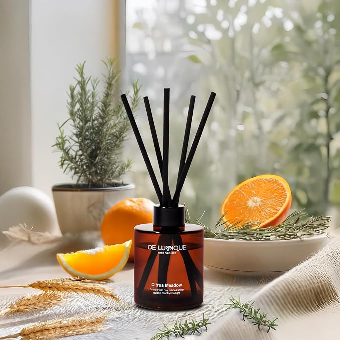 Citrus Meadow Scent Luxury Reed Diffuser – Long Lasting Aroma with Orange, Lemon, Thyme & Hay – Essential Oil Diffusers for Home – Crafted by Expert Perfumers – 150ml