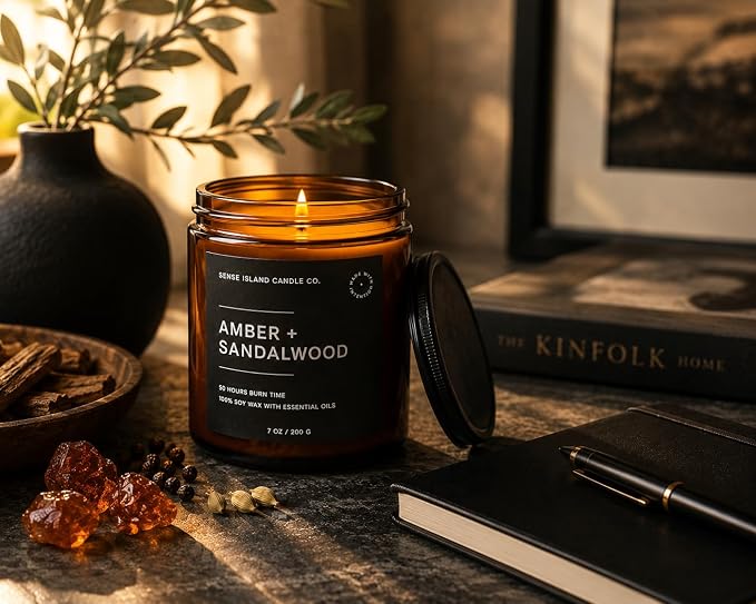 Amber Sandalwood Scented Candles for Men&Women | Natural Soy Candle 7oz, up to 50 Hrs Burn Time Sweet Amber & Authentic Sandalwood Aroma