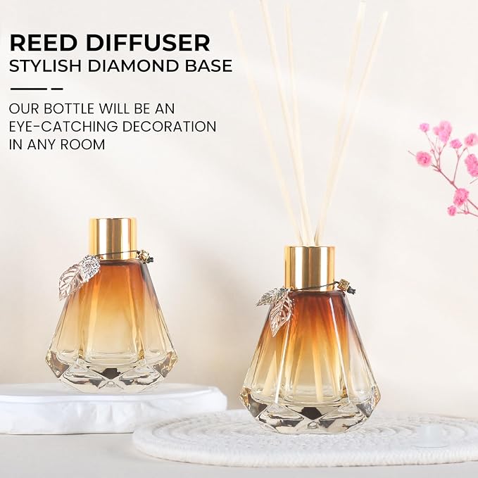 Reed Diffuser Set - 4 Empty Bottles with 20 Sticks, Delicate Gold Leaf Decor, Glass Fragrance Diffuser with Lids for Home, Bathroom | Refillable, Diamond Style (4 PCS Gold)