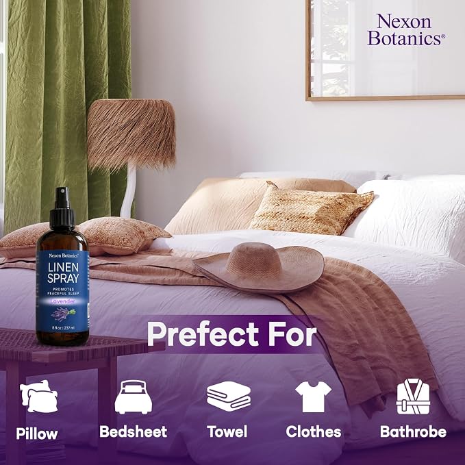 Lavender Linen Spray 8 fl oz - Refreshing Fabric Refresher & Pillow Spray for Bedding, Bed Sheets & Room - Soothing Room Mist - Nexon Botanics