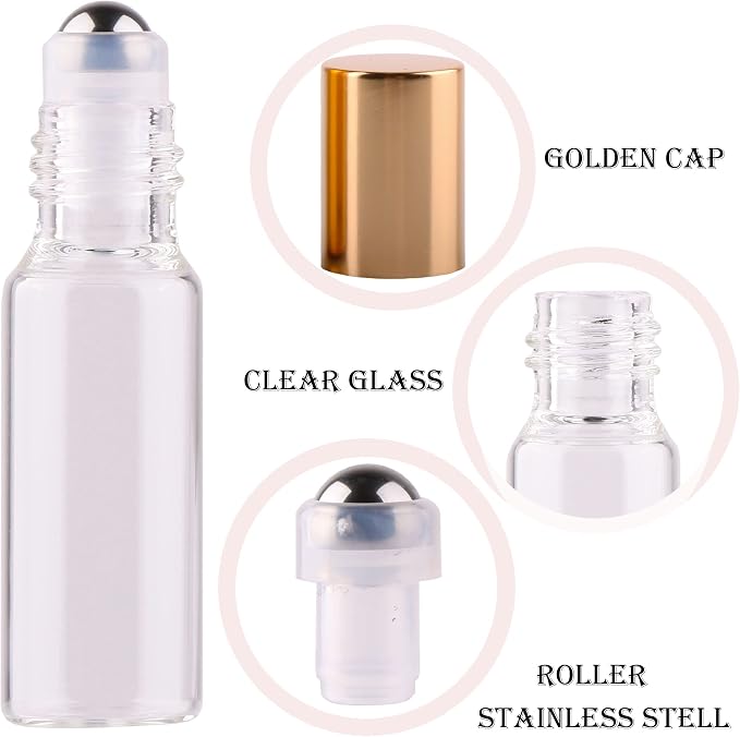 MaxMau Pack of 100,5ml Clear Glass Roll on Bottle Essential Oil Roller Bottles with Stainless Steel Roller Balls and Golden Painted Lids for Daily Aromatherapy Sample Test Travel