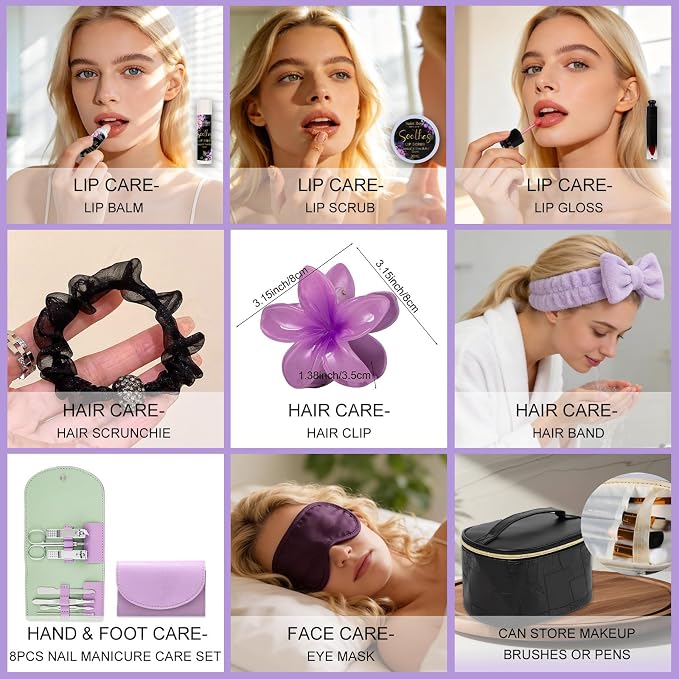 26Pc Spa Gift Basket for Women, Face Skin Care Kit, Bath and Body Gift Set | CHARCOAL & SHEA BUTTER scents Leather Cosmetic Bag Bath Gift Set Home Spa Self Care Kit, Anniversary, Birthday, Mothers Day
