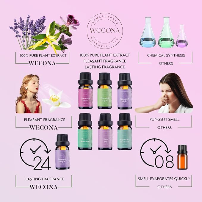 WECONA Essential Oils for Diffusers For Home - Dreamland Slumber Aromatherapy Oils Set for Humidifiers, 6x10ml - Essential Oil Blends Including Lavender, Cedar, Sweet Orange, Geranium, Roman Chamomile
