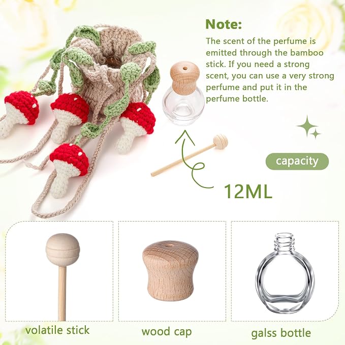 DaisyInner Cute Crochet Plant Car Freshener 12ml Empty Refillable Diffuser Bottle with Plants Hanging Accessories for Ornaments Charms Rearview Mirror Home Office Decor Women Gifts(Mushroom)