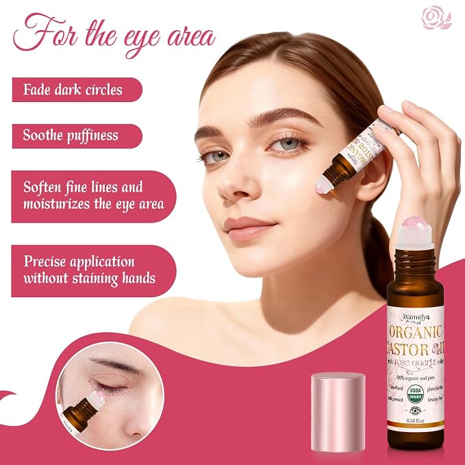 Organic Castor Oil with Real Rose Quartz Roll-On, 2 Pack for Face & Eyes — Lash & Brow Growth, Under Eye Care, Skin Moisturizing, Cold-Pressed, Hexane-Free, Beauty Self-Care Gifts for Women
