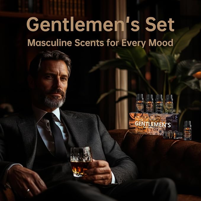 Men Essential Oils Set for Diffuser, Father's Day & Birthday Gift for Men - 6x10ml Masculine Fragrance Oils for Candle Making, Scented Oil Gift Set, Mahogany, Sandalwood, Cologne,Smoke Vanilla,Leather