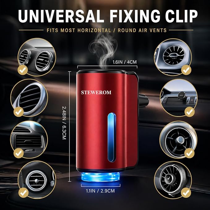Car Air Freshener - Smart Adjustable 3-Speed Intensity, Rechargeable Humidifier Car Essential Oil Diffuser - Comes with 8 Bottles of 10ml Perfume (Red)