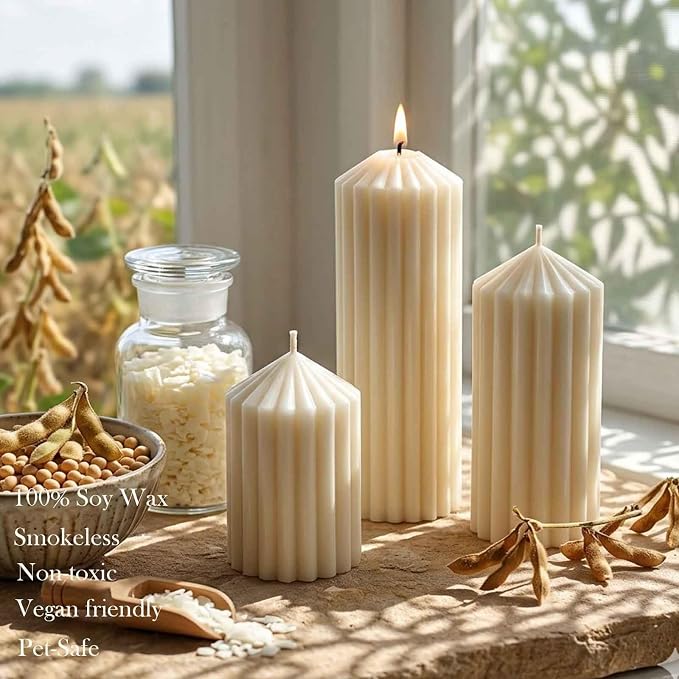 3 Pack Cream White Ribbed Pillar Candles-Natural Soy Wax Unscented,Non-Toxic,Smokeless Large Candle-2.8" x4,6,8 Inch Aesthetic Modern Candles for Home Decor,Dinner Table,Living Room,Housewarming Gift