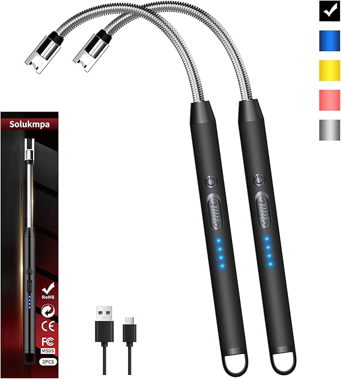 2 Pack Rechargeable Type C Electric Lighters, Black | Flameless and Windproof, Plasma Arc, 360° Long Reach Flexible Neck, LED Power Display, For Candles, BBQ Grill & Camping