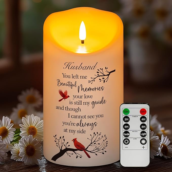 Flameless Memorial Candle for Loss of Husband, Real Wax LED Light with Remote Sympathy Bereavement Gifts for Loss of Loved One Memorial Gifts for Loss of Husband Remembrance Gifts (4" x 7")