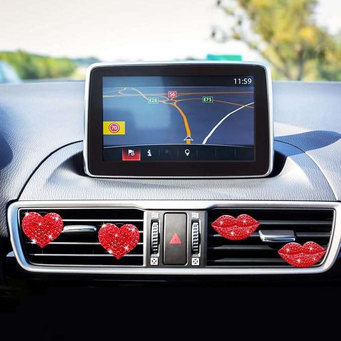 Bling 5 Pcs Red Lips Air Vent Clips, Heart Shape Crystal Car Decor - Women Rhinestone Diffuser Vent Clip Cute Car Accessories (Red lips)