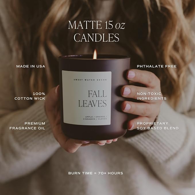 Sweet Water Decor Fall Leaves Candle, Large 15oz Jar, Soy Blend Wax Scented with Apple, Berry & Cinnamon, Cozy Autumn Home Candle, Non-Toxic & Long-Lasting, Thanksgiving Gift for Women, 70+ Hour Burn