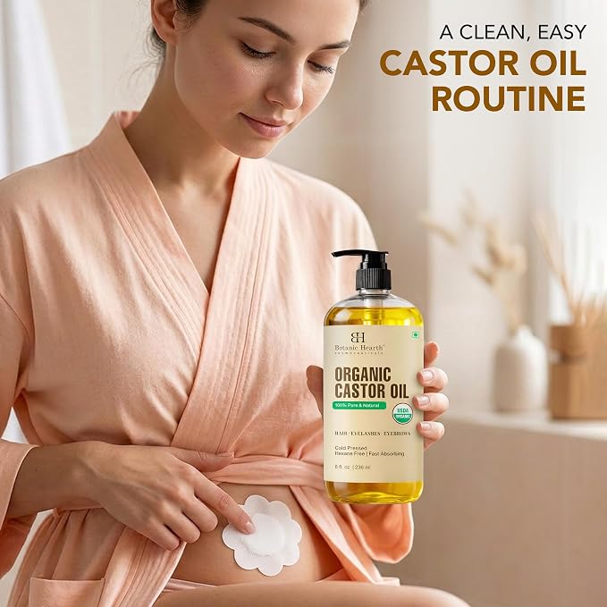Botanic Hearth 100% Pure & Natural Castor Oil With patches For body (8 fl oz)| Infused with Cold Pressed Castor Oil | Hair Oil Repairs Dry Damaged Hair, Strengthening, Healthier Hair
