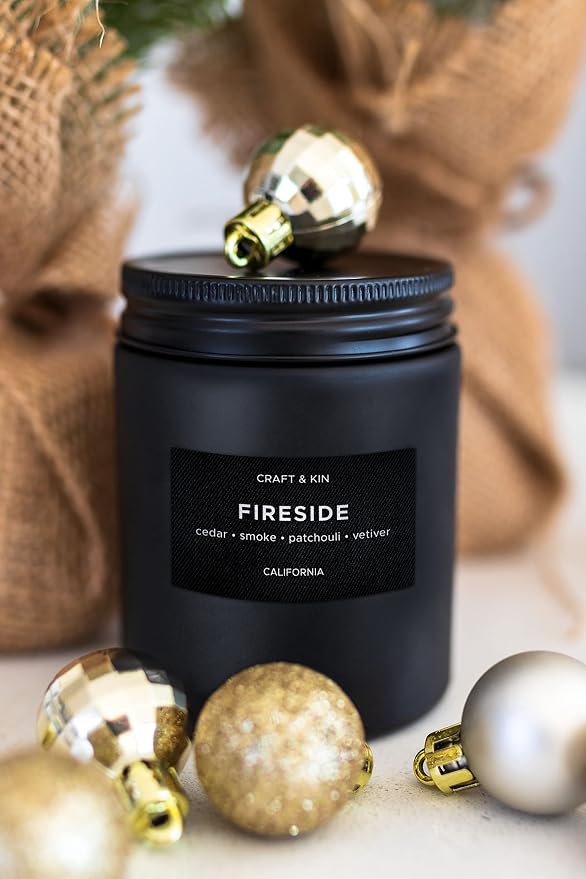 Craft & Kin Premium Smoky Fireside Scented Candle – Long Lasting, 45 Hour Burn Time – Luxury Black Natural Soy Scented Candle for Men with Wood Wick – Room Decor and Aromatherapy – 7.6 oz