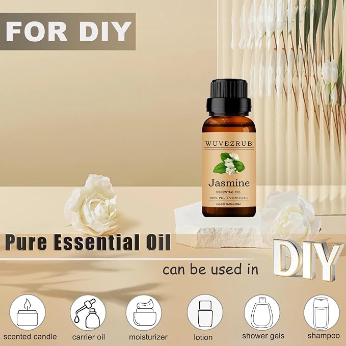 Jasmine Essential Oils 10ML, 100% Pure and Natural Essential Oil for Aromatherapy Diffuser - 0.33 Fl Oz/Jasmine