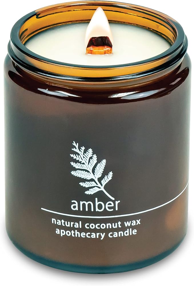 Hemlock Park Amber Apothecary Scented Candle | Crackling Wood Wick, Botanical Fragrance & Coconut Apricot Wax | Up to 60 Hour Burn Time | 8 oz | Made in USA