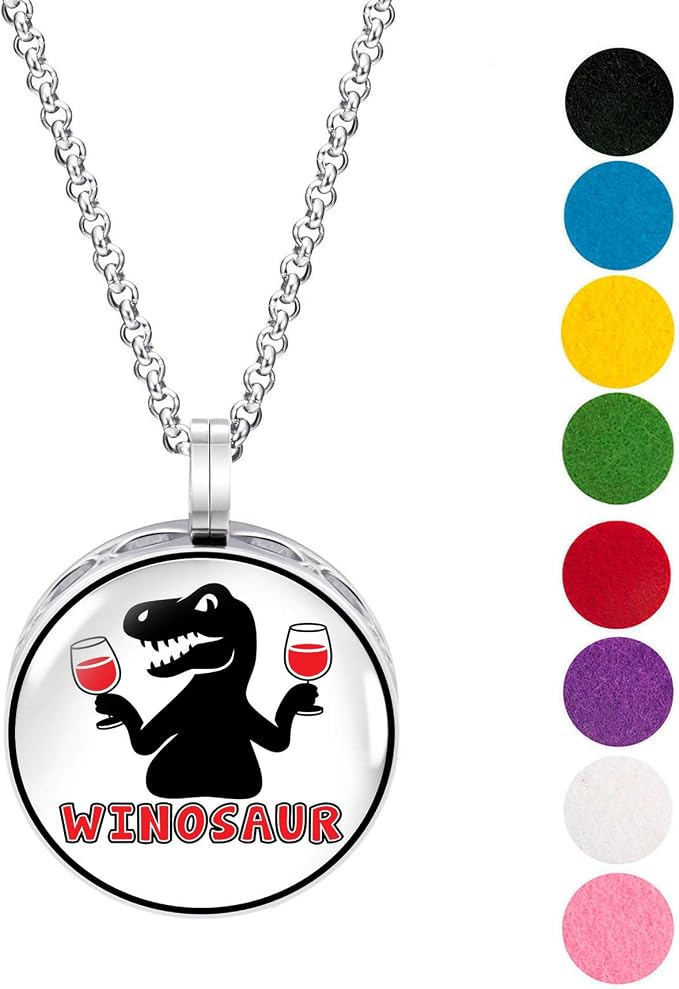 Wild Essentials Winosaur Enamel Finish Essential Oil Diffuser Necklace Gift Set - Includes Aromatherapy Pendant, 24" Stainless Steel Chain, 8 Color Refill Pads