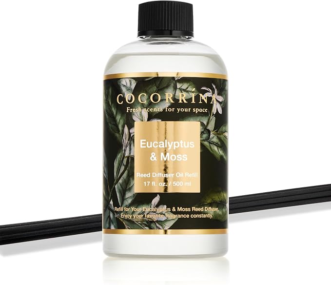 Cocorrína Reed Diffuser Refill Eucalyptus & Moss 17oz (500ml) with 8 Rattan Sticks - Premium Long-Lasting Essential Oil, Home Fragrance for Bedroom, Bathroom Home Decor