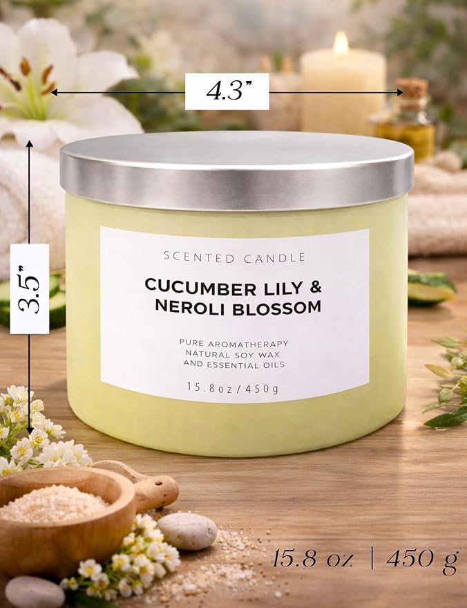 Cucumber Lily & Neroli 3-Wick Soy Floral Scented Candle for Women, 15.8oz | Orange Blossom & Citrus Notes, Aromatherapy, Large Jar, Clean Burn, Home, Bath & Bedroom, Gift for Her, Housewarming