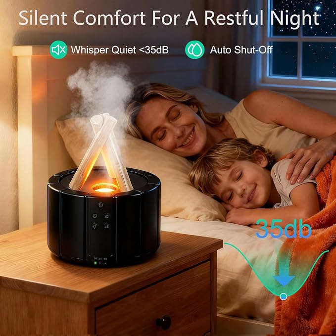 Campfire Flame Diffuser for Essential Oils, 250ml Ultrasonic Cool Mist Aromatherapy Humidifier with Remote Control, 7-Color LED Lights, Timer & Auto-Off for Home, Office & Bedroom (Black)