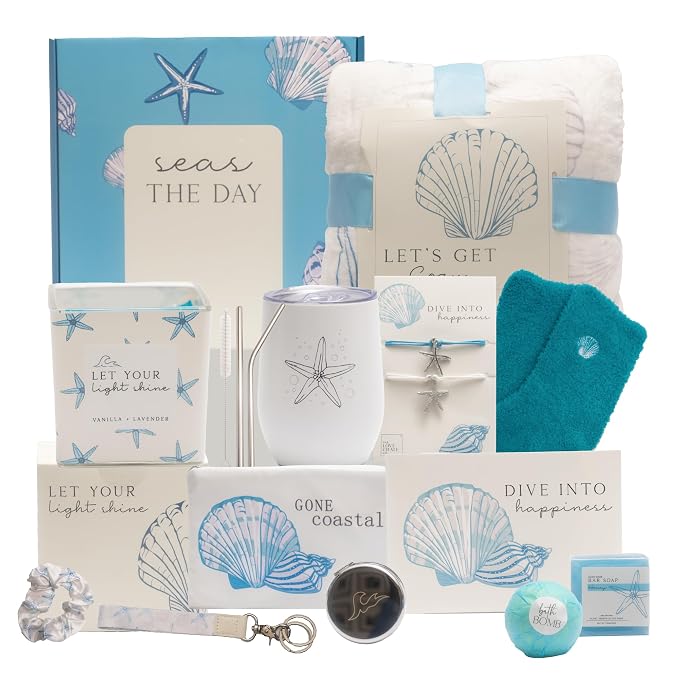 The Love Crate Co. Beach Gifts for Women, Self Care Gift Box, 15pc | Coastal-Inspired Comfort and Relaxation In One Beautifully Themed Gift