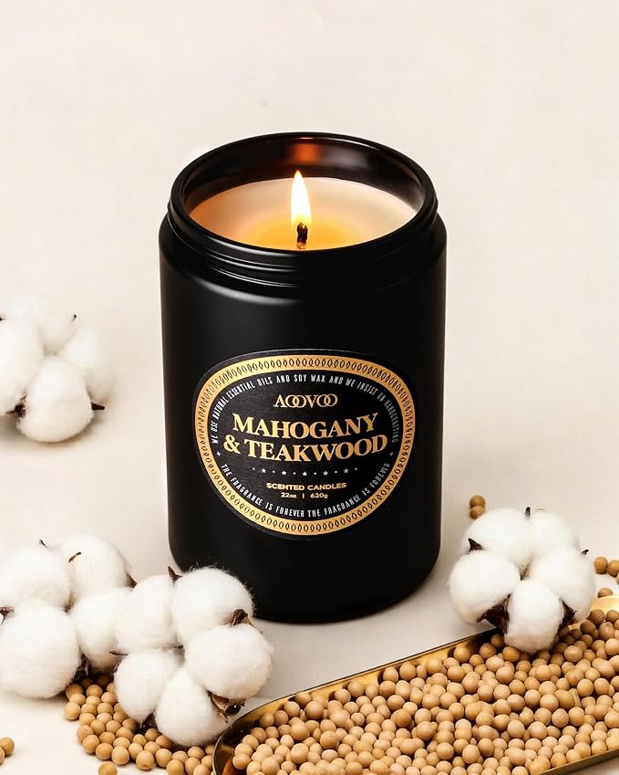 AOOVOO 22oz Large Scented Candles for Men - Mahogany & Teakwood Candles for Home Scented | Soy Candle | Strong Fragranced Masculine Black Candle Gift for Women & Men