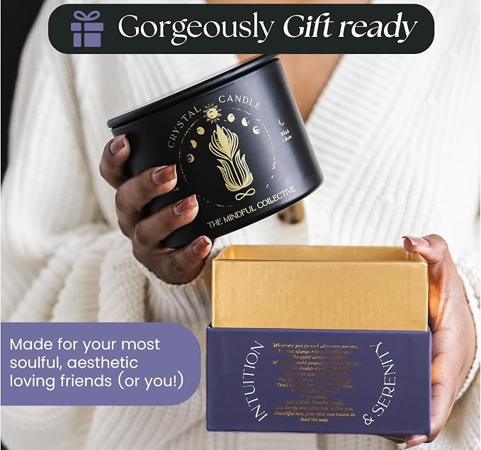 Large Candles for Women - 12oz Soy Wood Wick Candles that Crackle with Crystals and Healing Stones. Non-Toxic Scented, Luxury Aromatherapy (Crystal Black Candle)