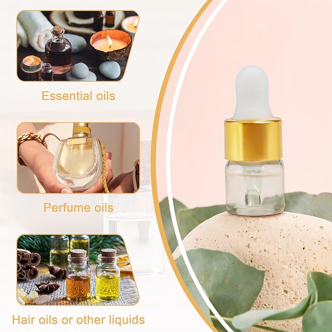 10pcs Mini Glass Dropper Bottle for Essential Oil,2ml Small Clear Sample Dropper Vails with Gold Cap,Perfume Cosmetic Liquid Containers for Traveling