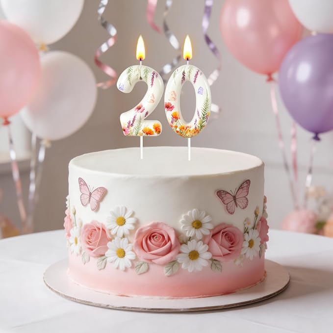 Number 0 Birthday Candle for Cake – Floral Botanical Design with Butterfly Detail – Elegant Cake Topper for Birthday, Garden Party Decoration