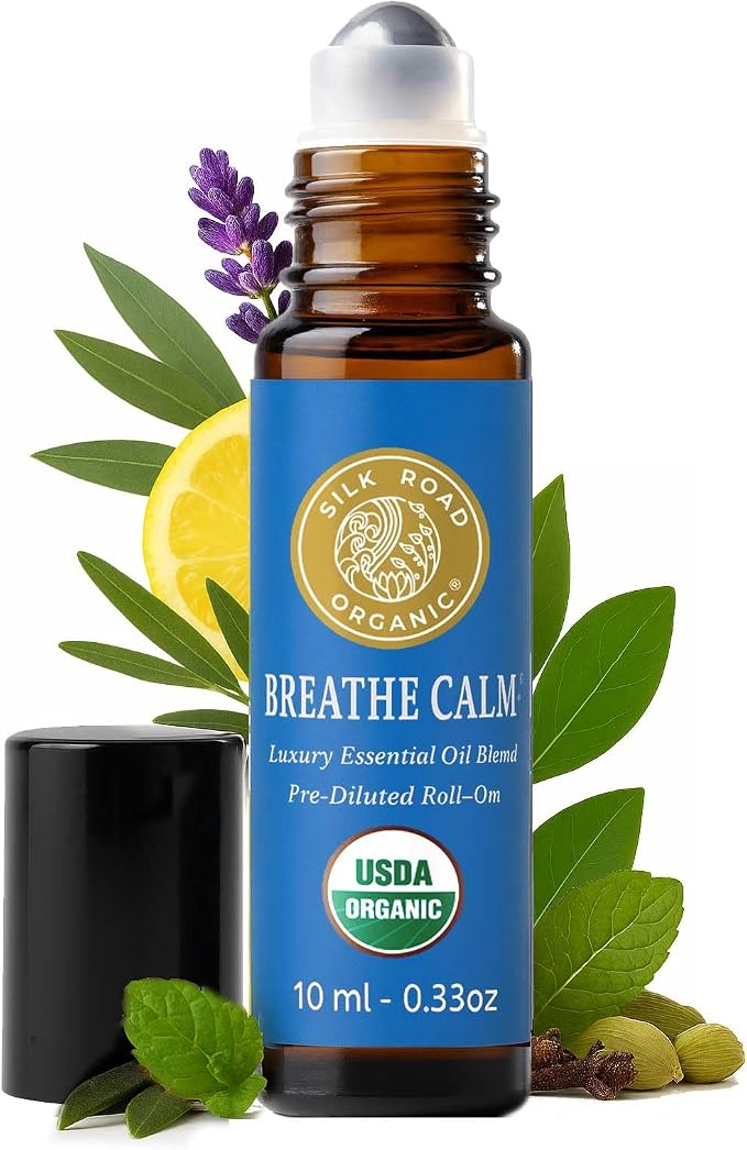 Silk Road Organic Breathe Calm Essential Oil Breathe Easy Blend Roll On, 100% Pure USDA Certified Aromatherapy for Cold, Cough, Congestion, Allergy & Sinus Relief - 10 ml Roller