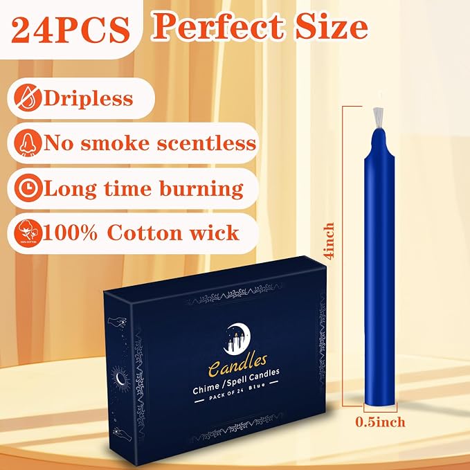 Kunrsug 24 Pack Blue Spell Chime Candles – Premium Mini Unscented Taper Candles for Rituals, Prayer, Birthdays, Meditation, Altar, Spells, Chime Candles - 4 Inch Tall - Ideal for Witches