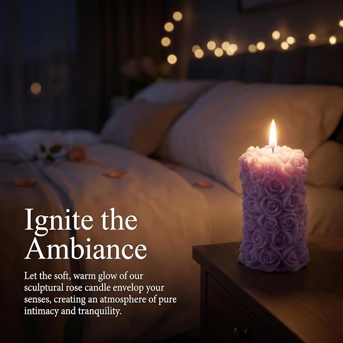 Rose Flower Engraved Scented Candle,Purple Rose Cluster Design,Floral Soy Wax Aroma Decorative Pillar Candle for Valentine's Day,Birthdays & Aesthetic Spaces