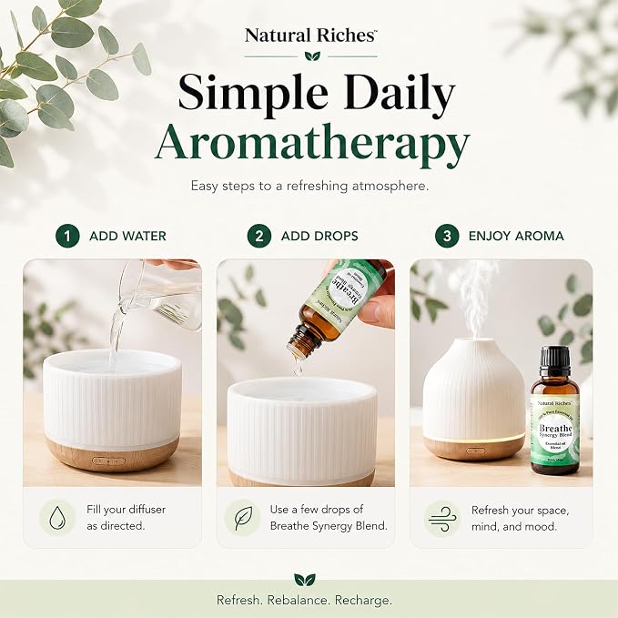 Natural Riches Breathe Essential Oil Blend Breathe Easy with Peppermint Eucalyptus Tea Tree Lemon Cardamom Pine Needle Essential Oils - 2 x 30 ml