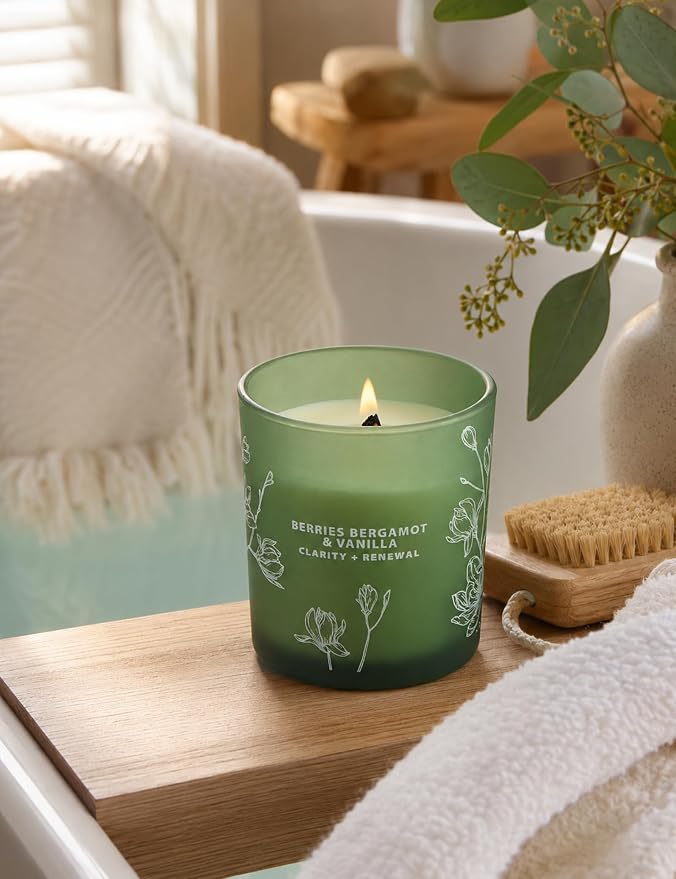Berries Bergamot Vanilla Candle | 10.6oz Wood Wick Soy Scented Candle for Home | Aromatherapy Stress Relief Candle | Clean Burning, Long Lasting Candles | Self Care Gift for Women & Men