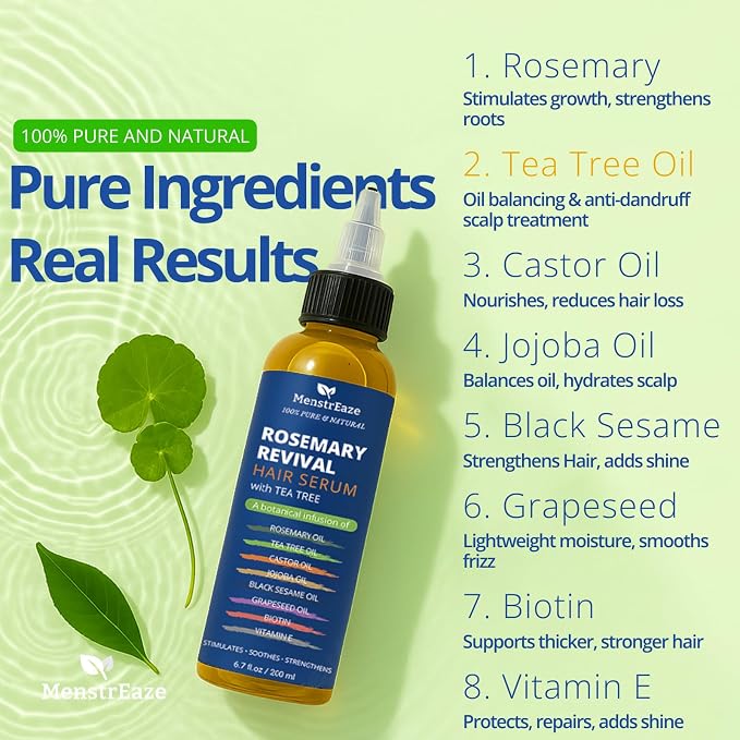 Rosemary, Tea Tree, & Castor Oil for Hair Growth & Dandruff Relief (6.7 fl oz), Infused with Biotin, Black Sesame, Grapeseed, Jojoba, & Vitamin E Oils for Dry, Itchy Scalp, Thickening & Hydration