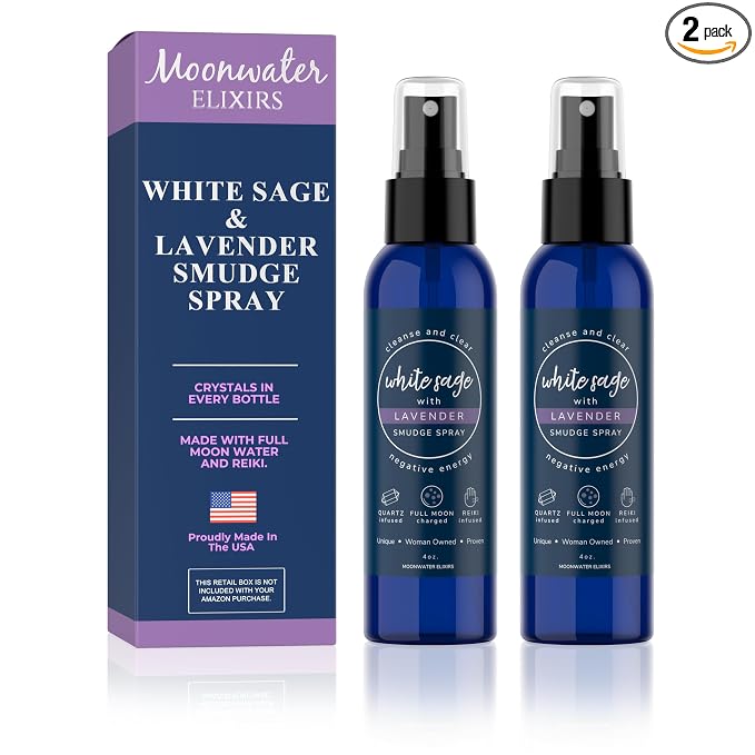 White Sage Smudge Spray for Spiritual Cleansing & Aura Protection, Sage & Lavender Smudging Spray - Cleansing Negative Energy & Protection, Moonwater Elixirs Aromatherapy Room Mist 2X 4oz