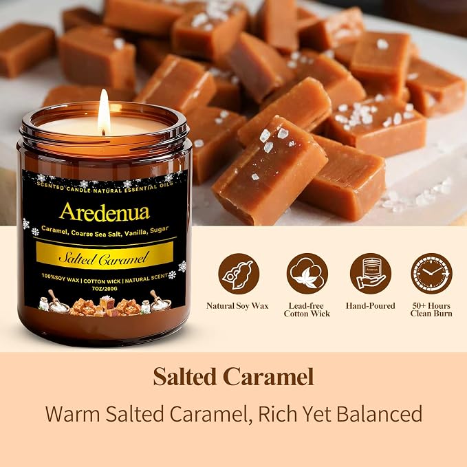 Salted Caramel Candle | Odor Eliminating Candles - 7oz Soy Candles for Home, Warm Sweet Aroma Relaxing Home Scented Candles, Aromatherapy Candle Gift for Women & Men