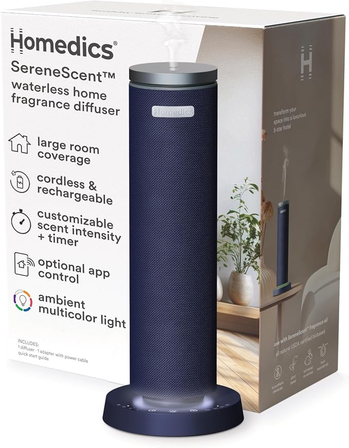 Homedics SereneScent Waterless Essential Oil Diffuser, Cordless Rechargeable Aromatherapy Diffuser for Home, Large Room Scent Machine, Timer, App Control, 6 LED Lights, No Water Needed, Future Dusk