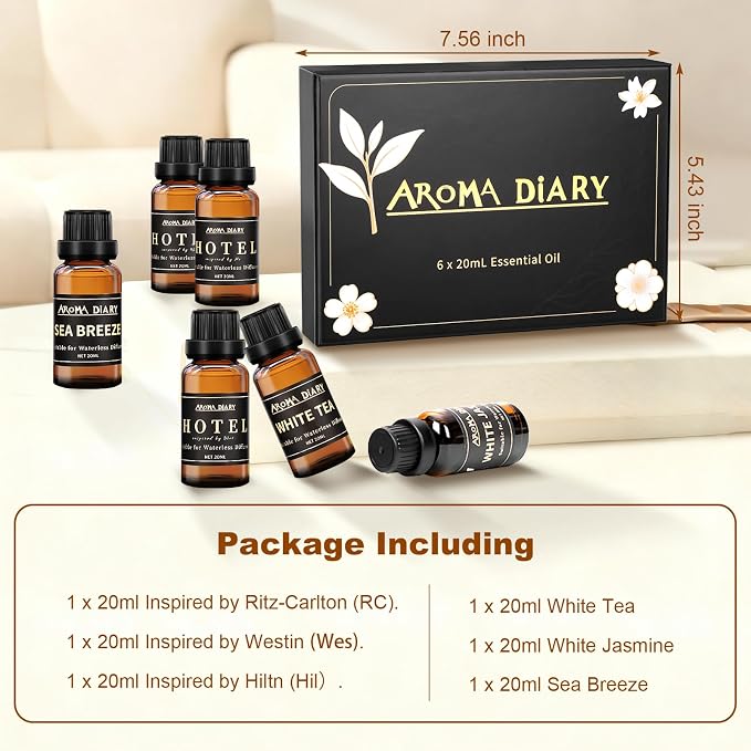 Essential Oil Set for Diffuser, 6x0.66fl oz Fragrance Oil Refill | Waterless Diffuser, Candle Making, Home Car Office Hotel, White Tea White Jasmine Sea Breeze, Aromatherapy Gift