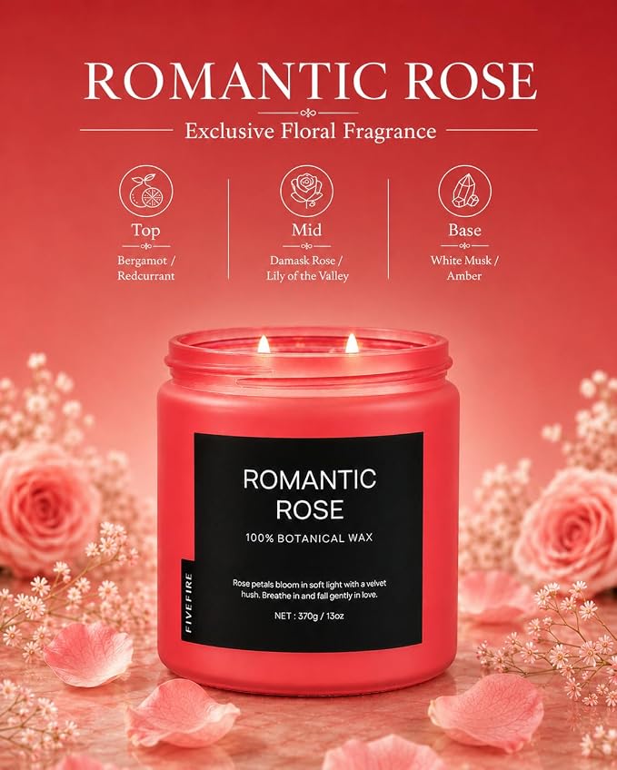 Rose Scented Candles for Home, 13oz Natural Soy Wax 2-Wick Candle, Up to 76-Hour Clean Burn, Romantic Floral Home Fragrance, Relaxing Candle Gifts for Women, Mom, Wife