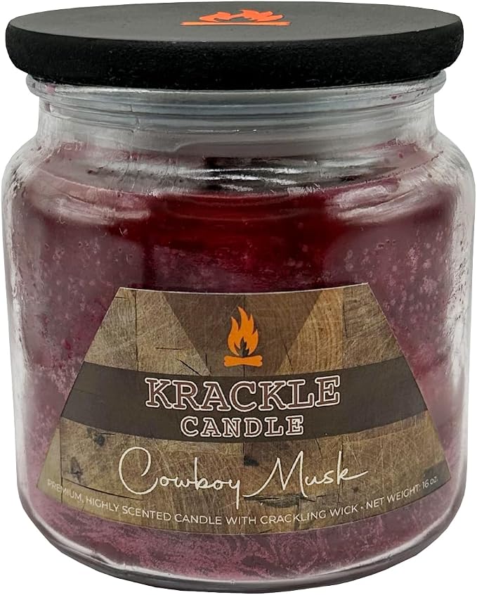 Krackle Candle | Cowboy Musk | 16 oz Scented Candle with Natural Crackling Wooden Wick | Poured in the USA | Tuberose, Winterberry & Spiced Orange Fragrance