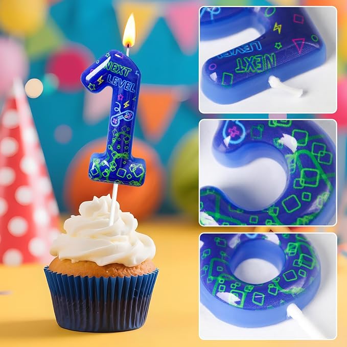 Number 11 Birthday Candle for Cake – Blue Gaming Theme Number Candle with “Next Level” Design, Video Game Style Cake Topper for Anniversary & Celebration