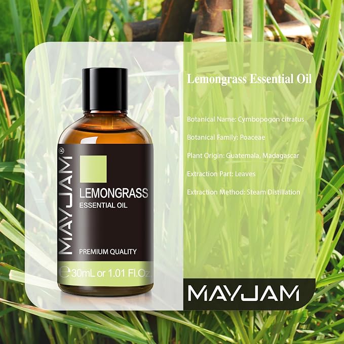 Lemongrass Essential Oil 30ML/1.01FL.OZ, MAYJAM Premium Lemongrass Oil Essential Oils with Glass Dropper, Great for Aromatherapy Diffuser and Candle Soap Making