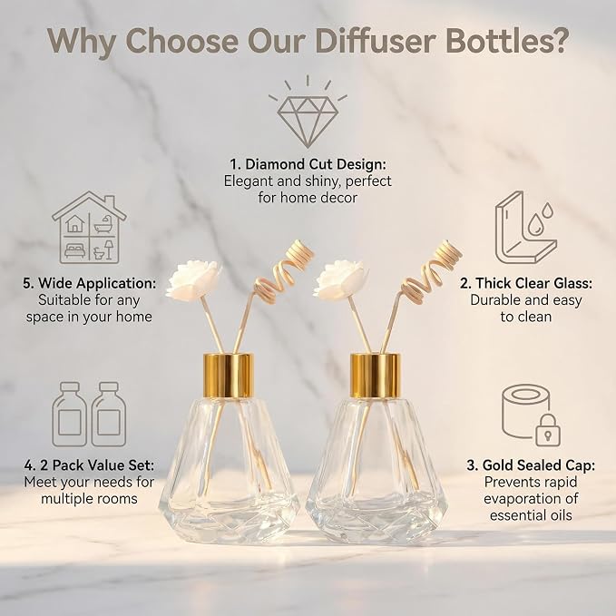 2 Pack 2oz Clear Reed Diffuser Bottles, Empty Refillable Diamond Style Glass Aromatherapy Bottles with Gold Caps & Inner Stoppers for Bathroom, Home & Office Fragrance DIY