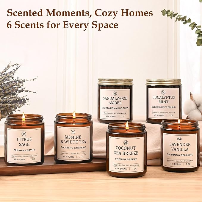 6-Pack Scented Soy Candle Set – Lavender Vanilla, Eucalyptus, Sandalwood, Jasmine & White Tea, Coconut, Sage | Natural Long Lasting Aromatherapy Candles for Home, Relaxation & Birthday Gifts