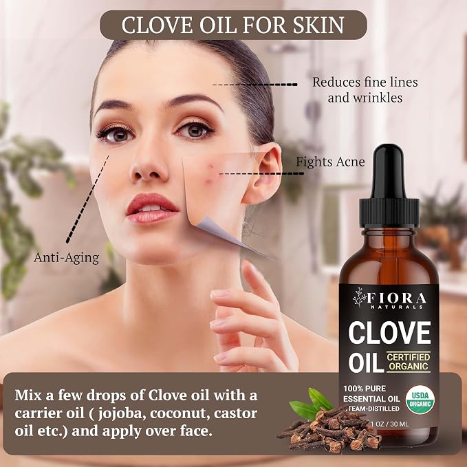 Organic Clove Essential Oil – 100% Pure, USDA Certified Clove Bud Oil for Teeth & Gums, Toothache Relief, Hair Growth & Aromatherapy – Premium Cloves Oil for DIY Wellness by Fiora Naturals