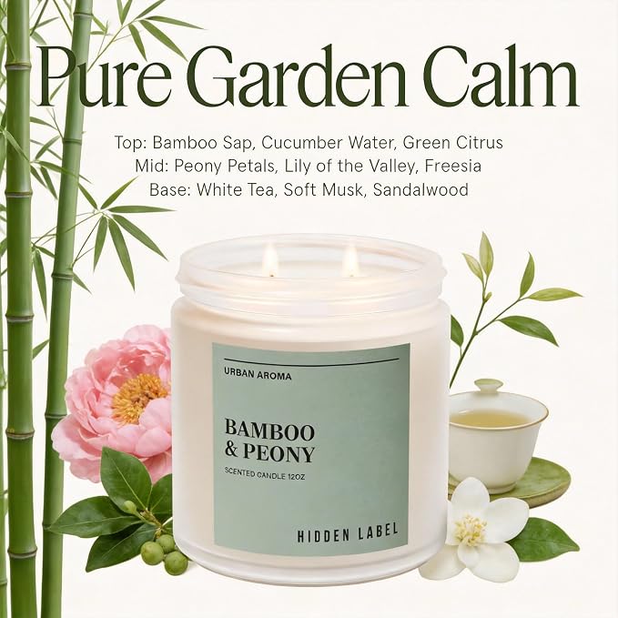Hidden Label Bamboo & Peony Soy Candle, 12oz 2-Wick, 70H Burn | Japandi Décor Frosted Glass, Clean Aromatherapy for Focus & Calm, Stress Relief, Gift-Ready with FSC Packaging
